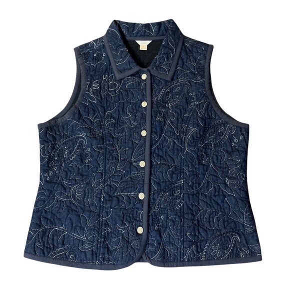 Christopher & Banks Denim Quilted Vest Women's XL – Blue Floral Stitch Used - Picture 3 of 12